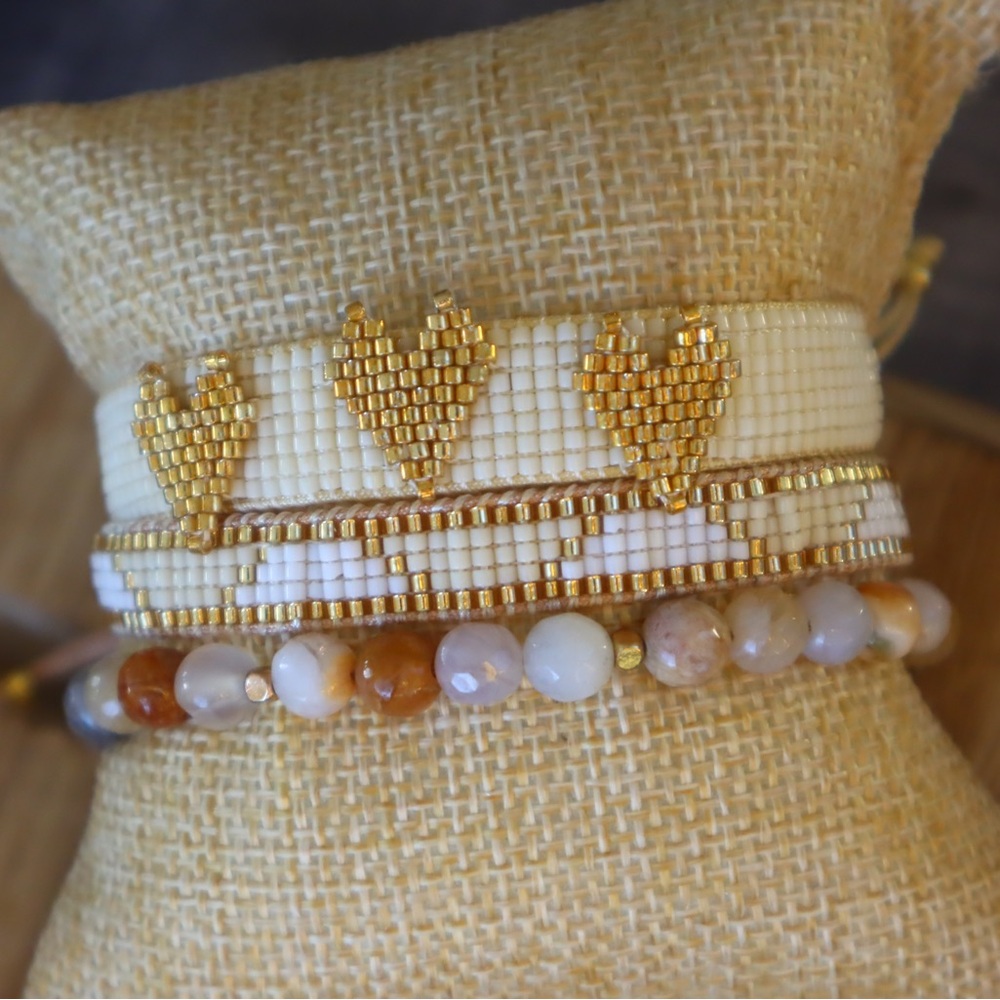Gold and Cream Miyuki Seed Beaded Hearts Bracelet